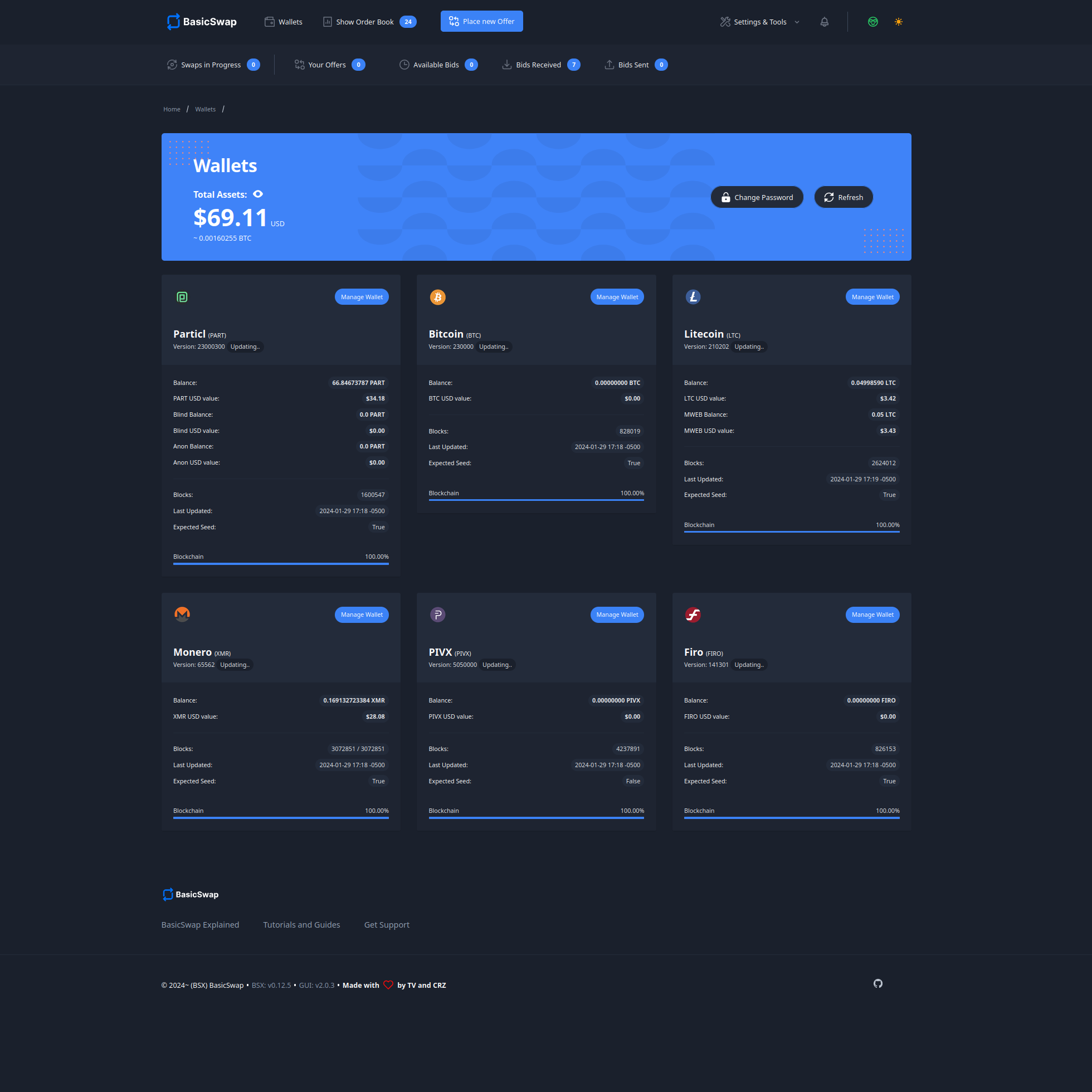 BasicSwap's wallets page